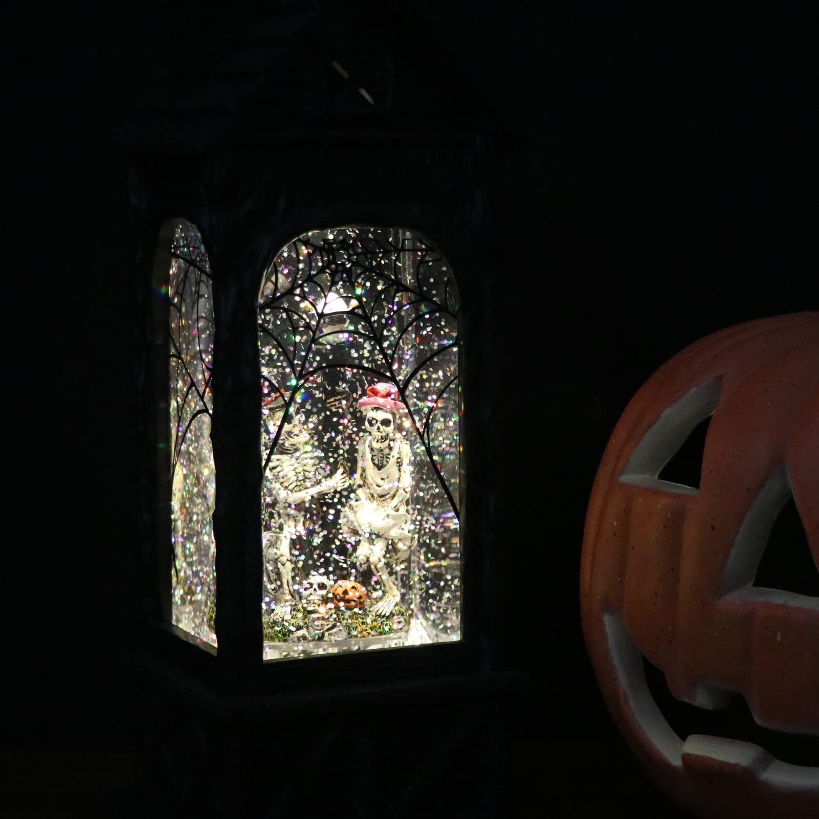 Eldnacele Halloween Ghost Projection Snow Globe Lantern with 6 - Hour Timer, Lighted Plug - in & Battery Operated Water Glittering Snowing Globe Lamp for Spooky Fall Halloween Indoor Decoration(Skeleton) - Halloween Happy