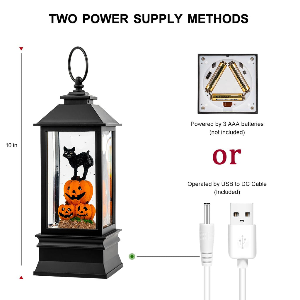 Halloween Snow Globe Lantern Water Glittering Spooky Witch' s Black Cat in Pumpkins with Music, USB Lined/Battery Operated Lighted Lantern for Halloween Festival Decoration Gifts - Halloween Happy
