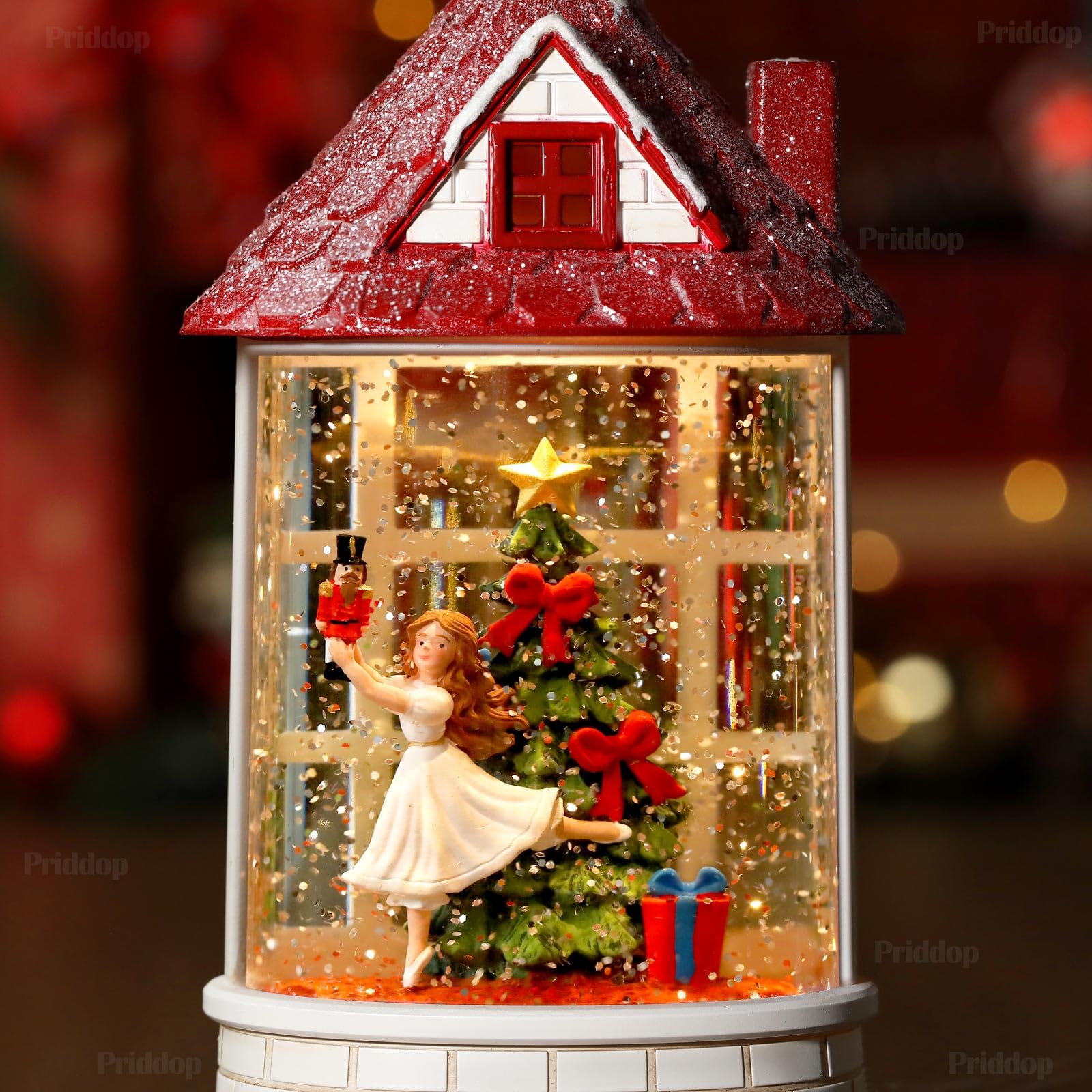 Halloween Snow Globe Lantern Haunted House Pumpkin Ghost Tree Crow Rip Dancing Bats with Timer, USB and Battery Powered 12 inch - Halloween Happy