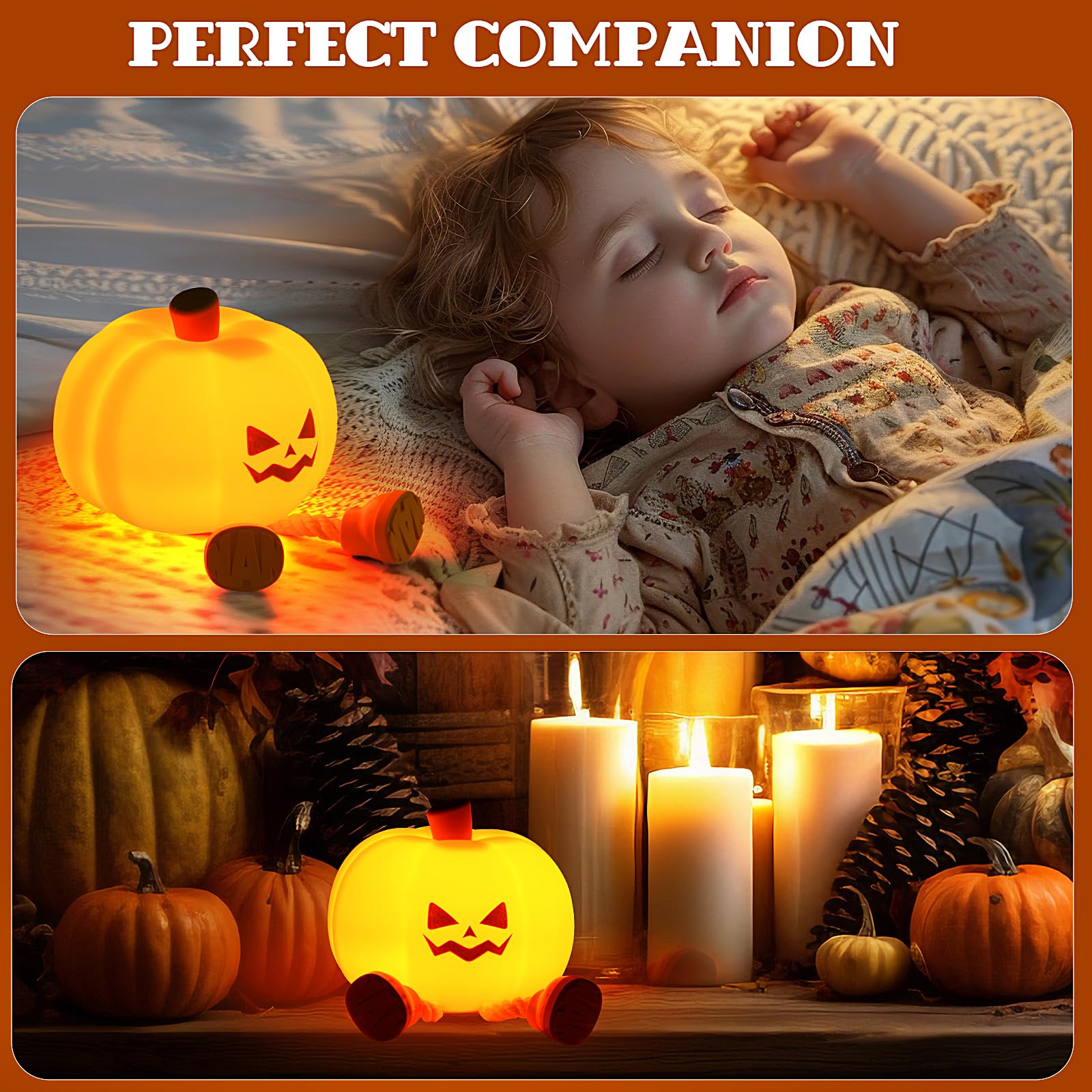 Pumpkin Night Light, Cute LED Lamp, Silicone Dimmable Nursery Nightlight for Kids, Silicone Rechargeable Bedside Touch Lamp, Funny Office Desk and Halloween Decor for Woman and Kids - Halloween Happy