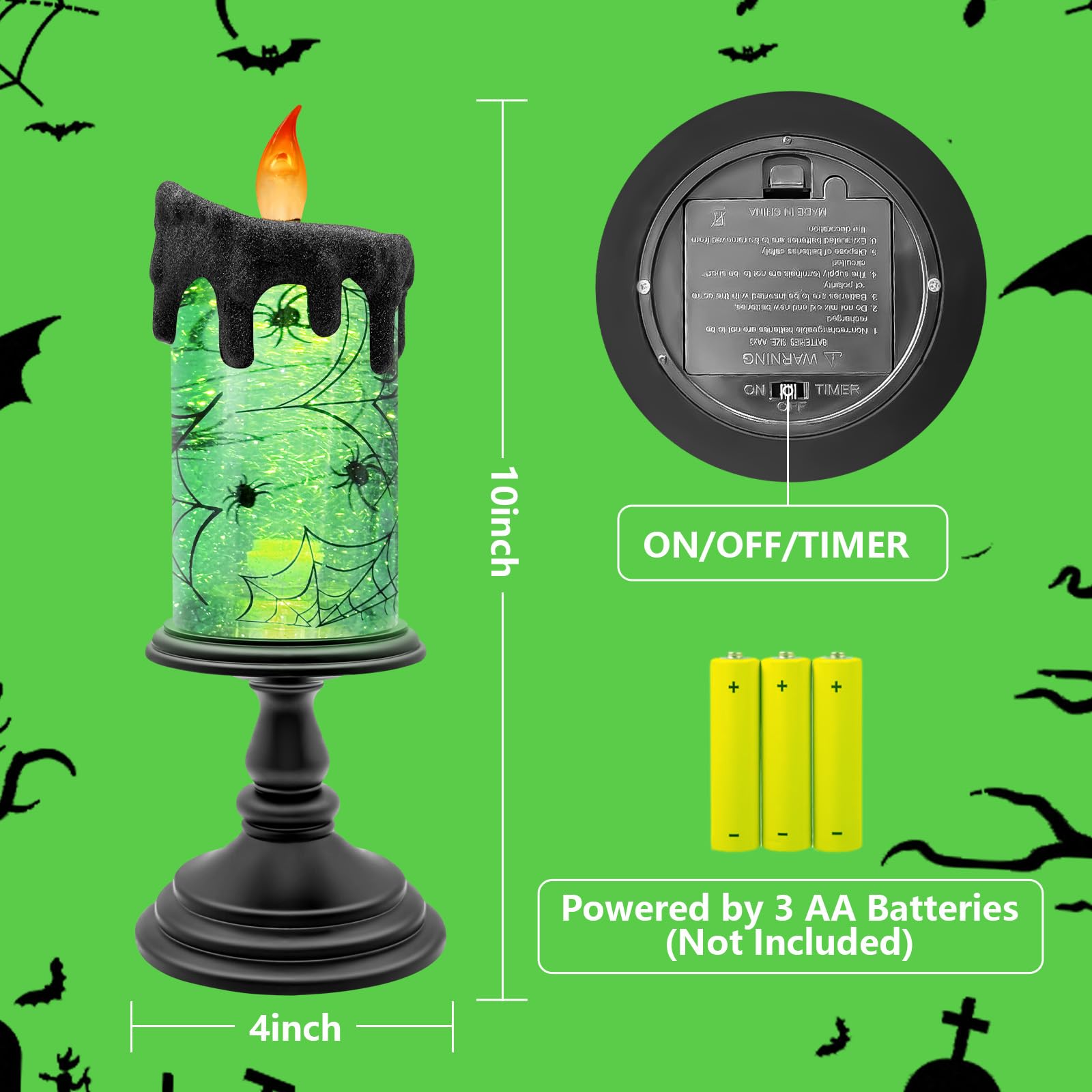 Halloween Snow Globe Flameless Candle – Lighted Halloween Glitter Lantern with Spinning Water and Timer, Pumpkin & Bat Scene Halloween Decor for Home, Party, Table Centerpiece - Halloween Happy