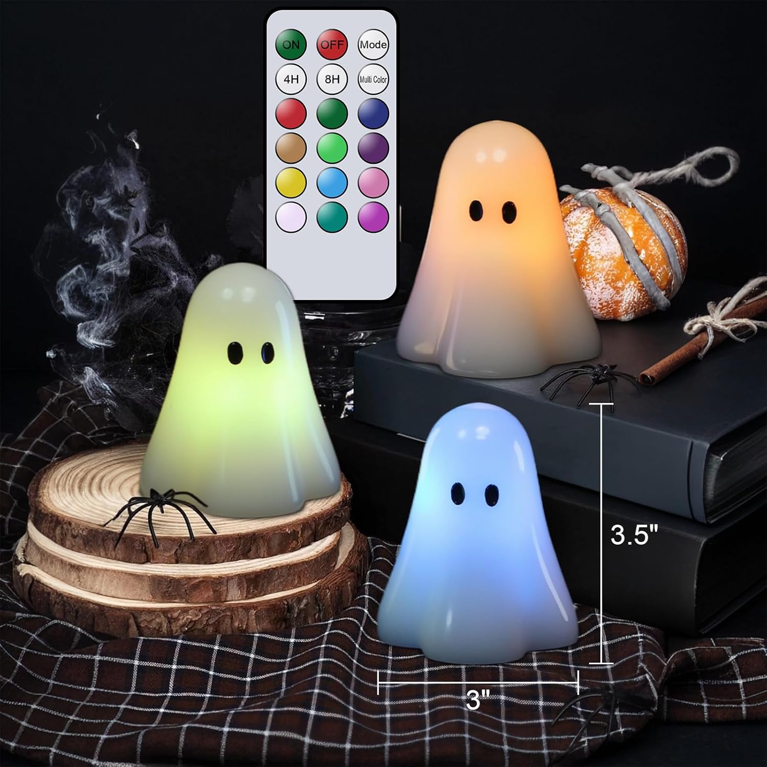 Wondise Halloween Flameless Candles Color Changing with Remote Timer, Real Wax Battery Operated Flickering Halloween Spooky Ghost Candles for Halloween Decoration Gift （D 3" x H 3.5"） - Halloween Happy