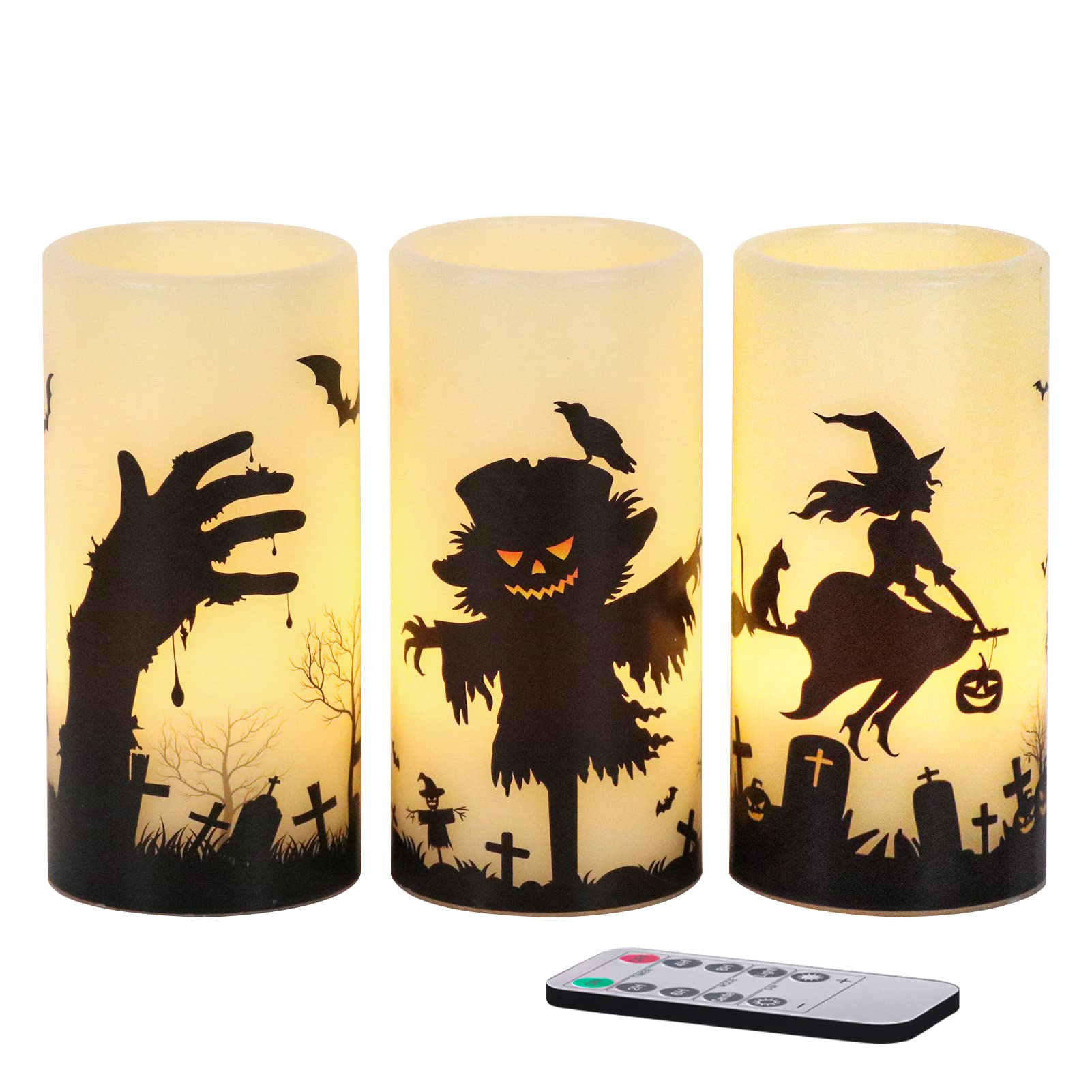 Eldnacele Halloween LED Flameless Flickering Candles Battery Operated with 6H Timer Skull Spider Web Crow Raven Spooky Decals Halloween Themed Indoor Decoration(3 Pack, D3 x H6) - Halloween Happy