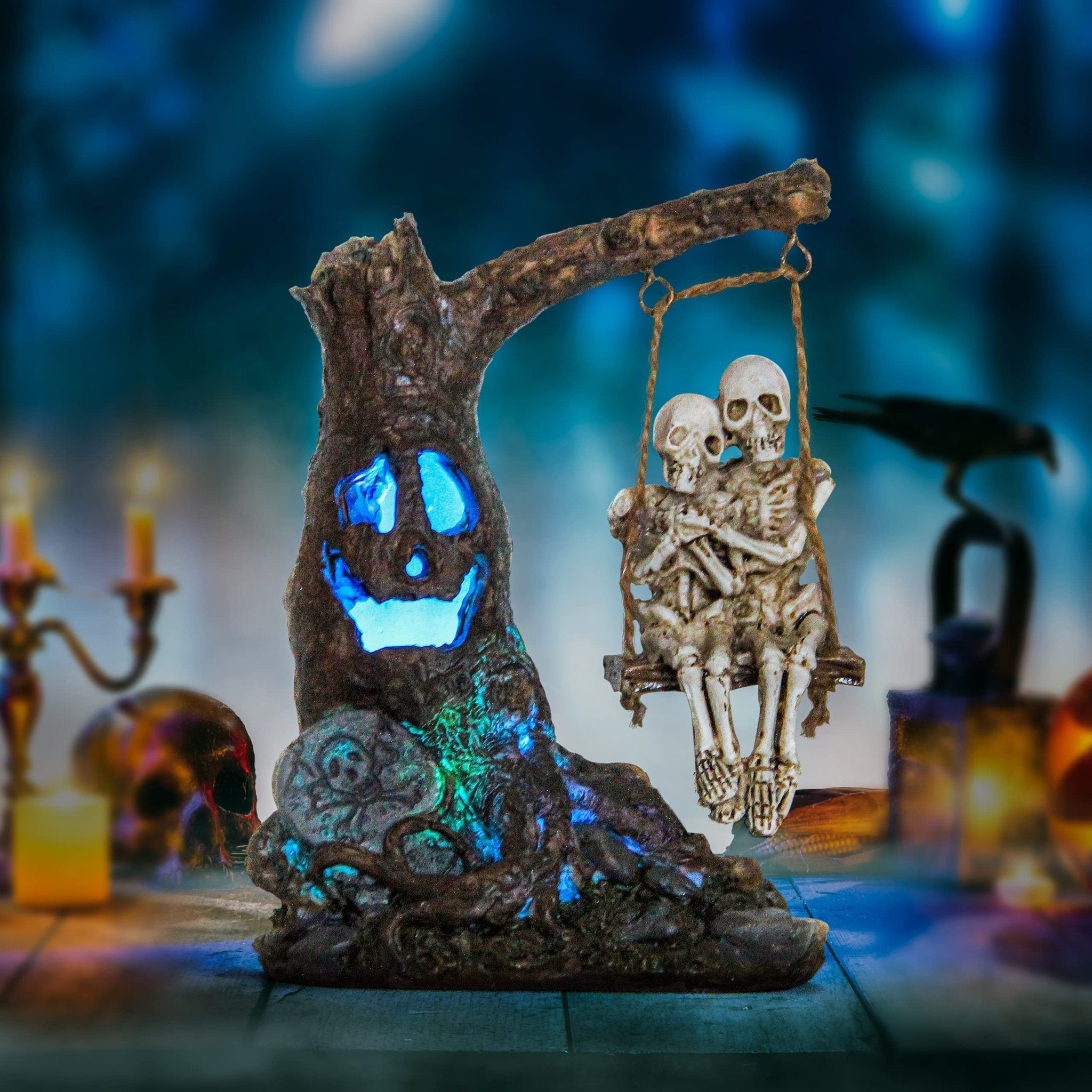Halloween Skull Statue with Spooky LED Light for Holiday Decorations, Halloween Decor with Romantic Skeleton Couple on Swing Tombstone Tree, Grinning Skull Decor Props Haunted Collectible Gift - Halloween Happy