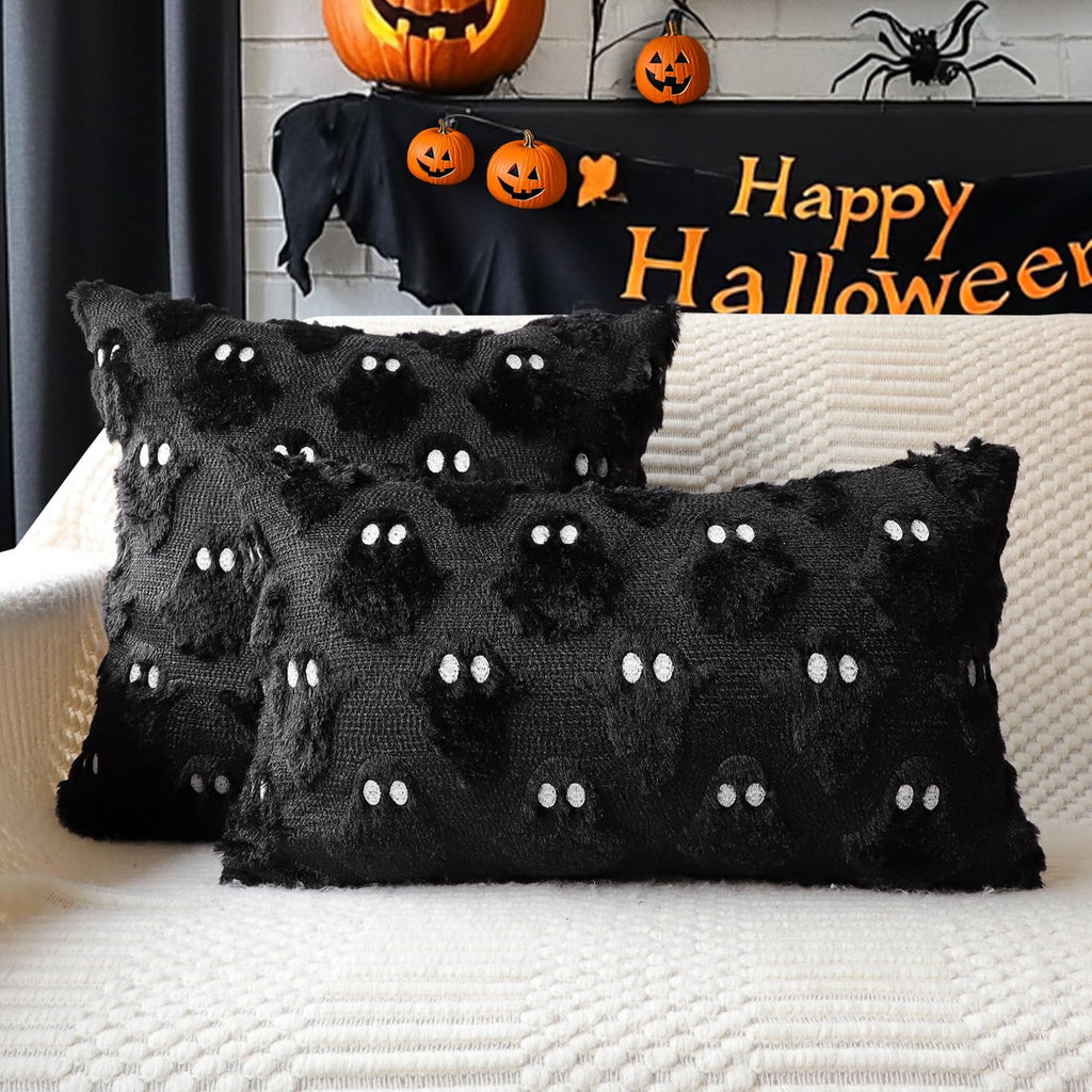 4TH Emotion Halloween Ghost Decorative Pillow Covers 18x18 Set of 2, White Soft Plush Faux Fur Farmhouse Throw Cushion Cases for Fall Autumn Holiday Home Decorations - Halloween Happy