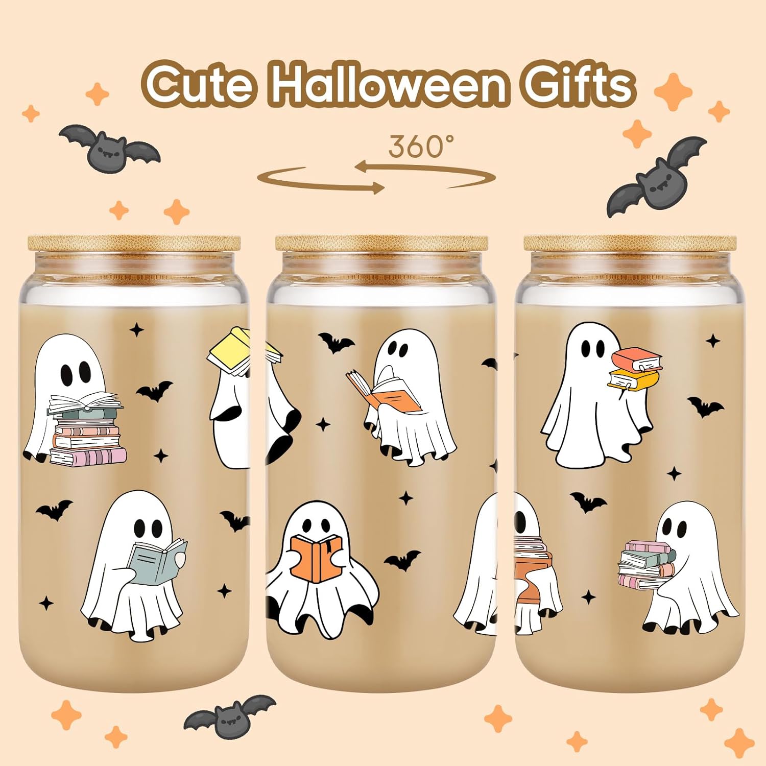 Fairy's Gift Ghost Reader Halloween Cup, Cute Spooky Gifts for Book Lovers, 16 oz Iced Coffee Tumbler Cup w/Lid Straw, Book Themed Bookworm Bookish Reading Halloween Gifts for Women Librarian Reader - Halloween Happy