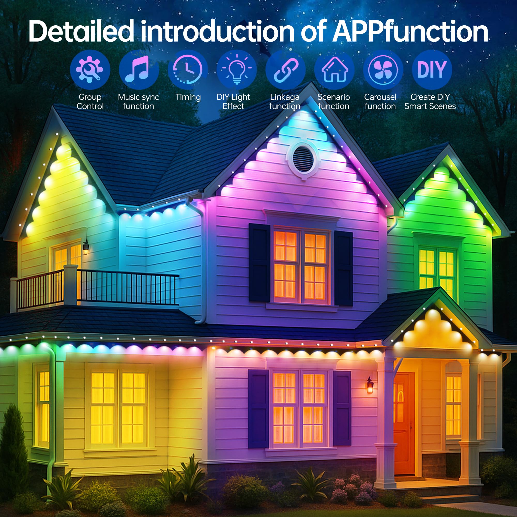 Permanent Outdoor Lights 150ft RGB+IC Outdoor String Lights App Control IP67 Waterproof,100 Scene Modes Home for Christmas,Halloween,Holiday, Daily,Birthday Decor - Halloween Happy