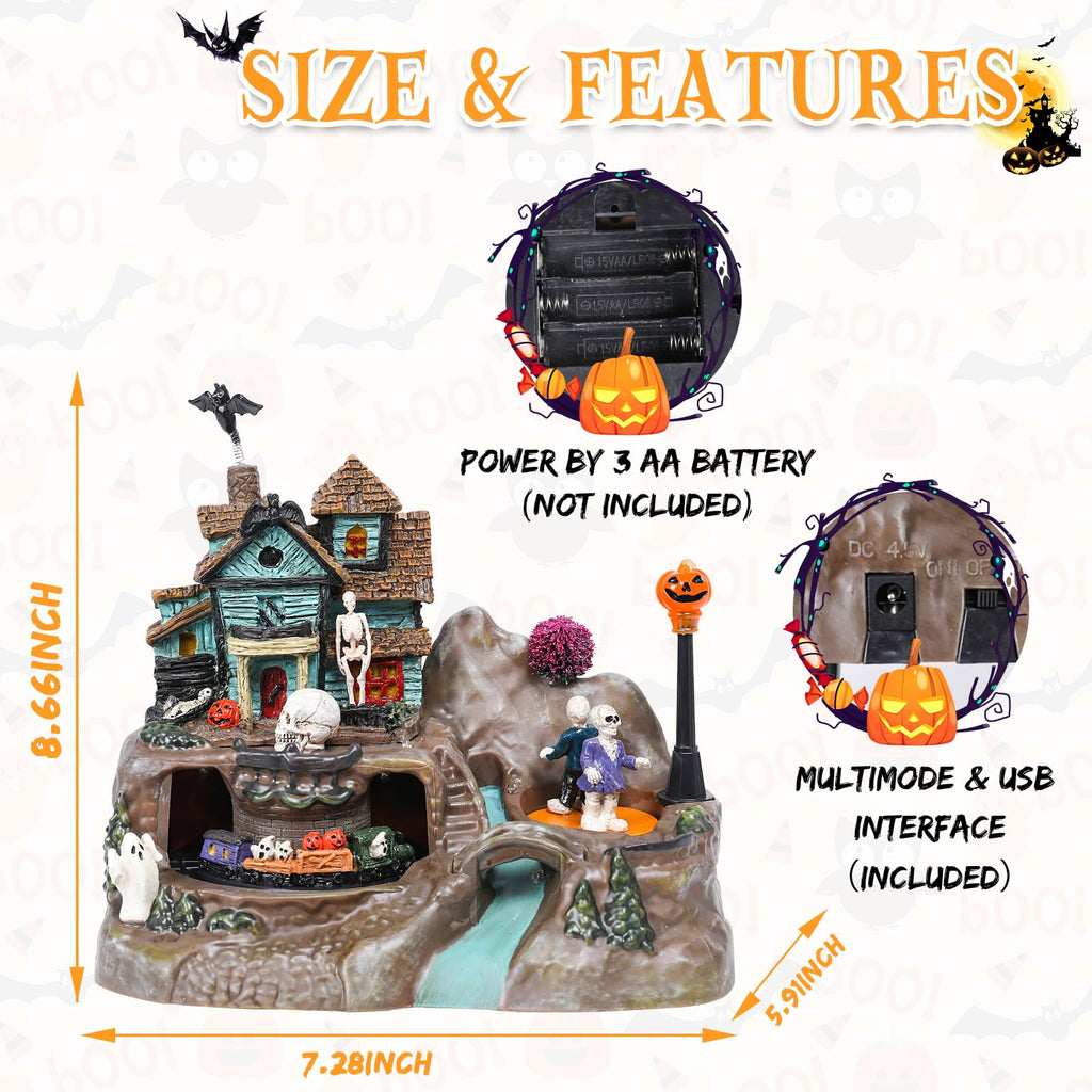 Halloween Village Houses Decorations, Lighted Haunted House with Animated Train and Scary Music, Resin Spooky Skull Village Collections for Holiday Party Table Indoor Home Decor - Halloween Happy
