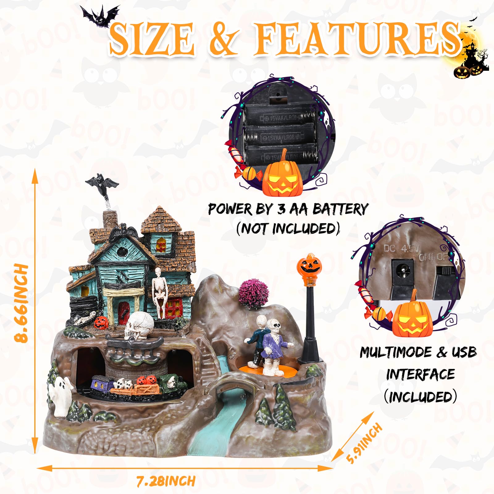 Halloween Village Houses Decorations, Lighted Haunted House with Animated Train and Scary Music, Resin Spooky Skull Village Collections for Holiday Party Table Indoor Home Decor - Halloween Happy