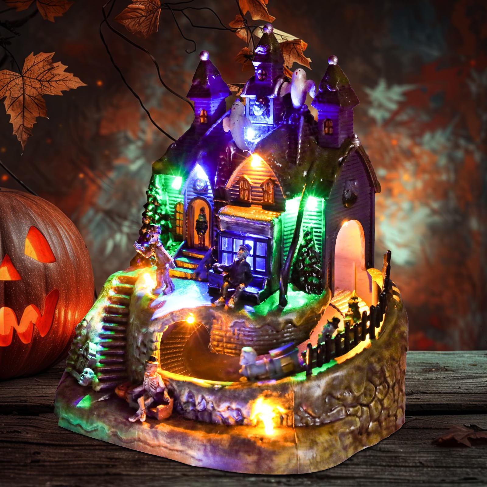 DREAM GARDEN Halloween Village Collection, Lighted Spooky Haunted House with Animated Train and Scary Sound Halloween Collectible Bulidings with Skull, Pumpkin, Ghost for Holiday Party Tabletop Decor - Halloween Happy