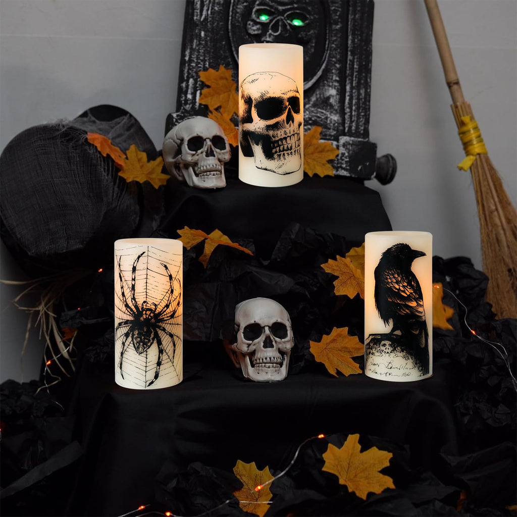 Eldnacele Halloween LED Flameless Flickering Candles Battery Operated with 6H Timer Skull Spider Web Crow Raven Spooky Decals Halloween Themed Indoor Decoration(3 Pack, D3 x H6) - Halloween Happy