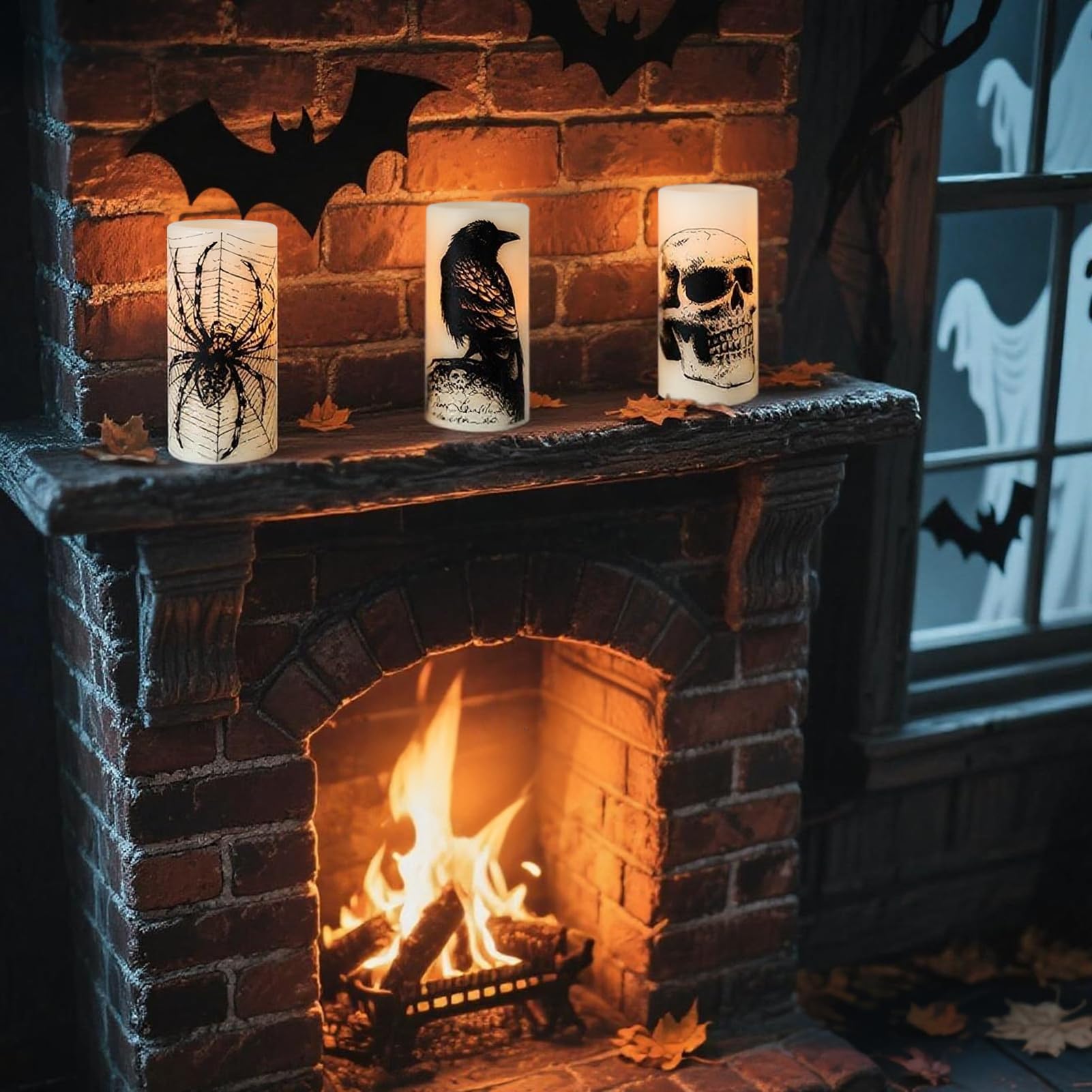 Eldnacele Halloween LED Flameless Flickering Candles Battery Operated with 6H Timer Skull Spider Web Crow Raven Spooky Decals Halloween Themed Indoor Decoration(3 Pack, D3 x H6) - Halloween Happy