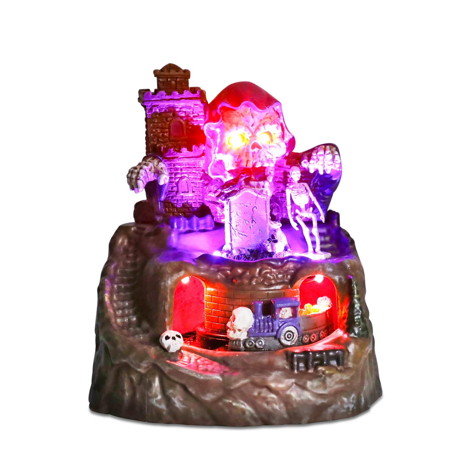Halloween Village Houses Decorations, Lighted Haunted House with Animated Train and Scary Music, Resin Spooky Skull Village Collections for Holiday Party Table Indoor Home Decor - Halloween Happy