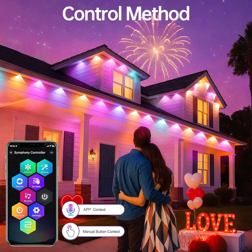 Permanent Outdoor Lights 150ft RGB+IC Outdoor String Lights App Control IP67 Waterproof,100 Scene Modes Home for Christmas,Halloween,Holiday, Daily,Birthday Decor - Halloween Happy