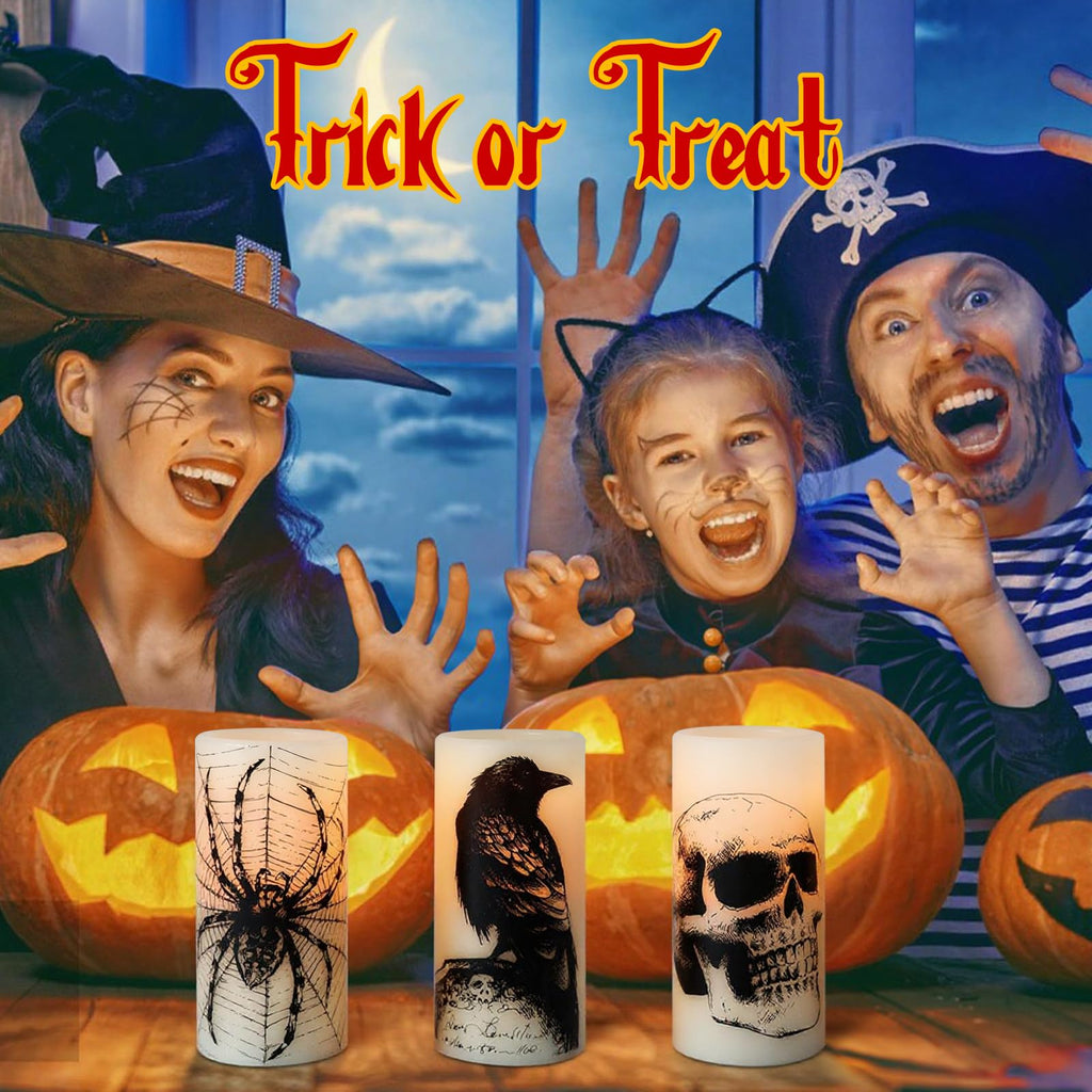 Eldnacele Halloween LED Flameless Flickering Candles Battery Operated with 6H Timer Skull Spider Web Crow Raven Spooky Decals Halloween Themed Indoor Decoration(3 Pack, D3 x H6) - Halloween Happy