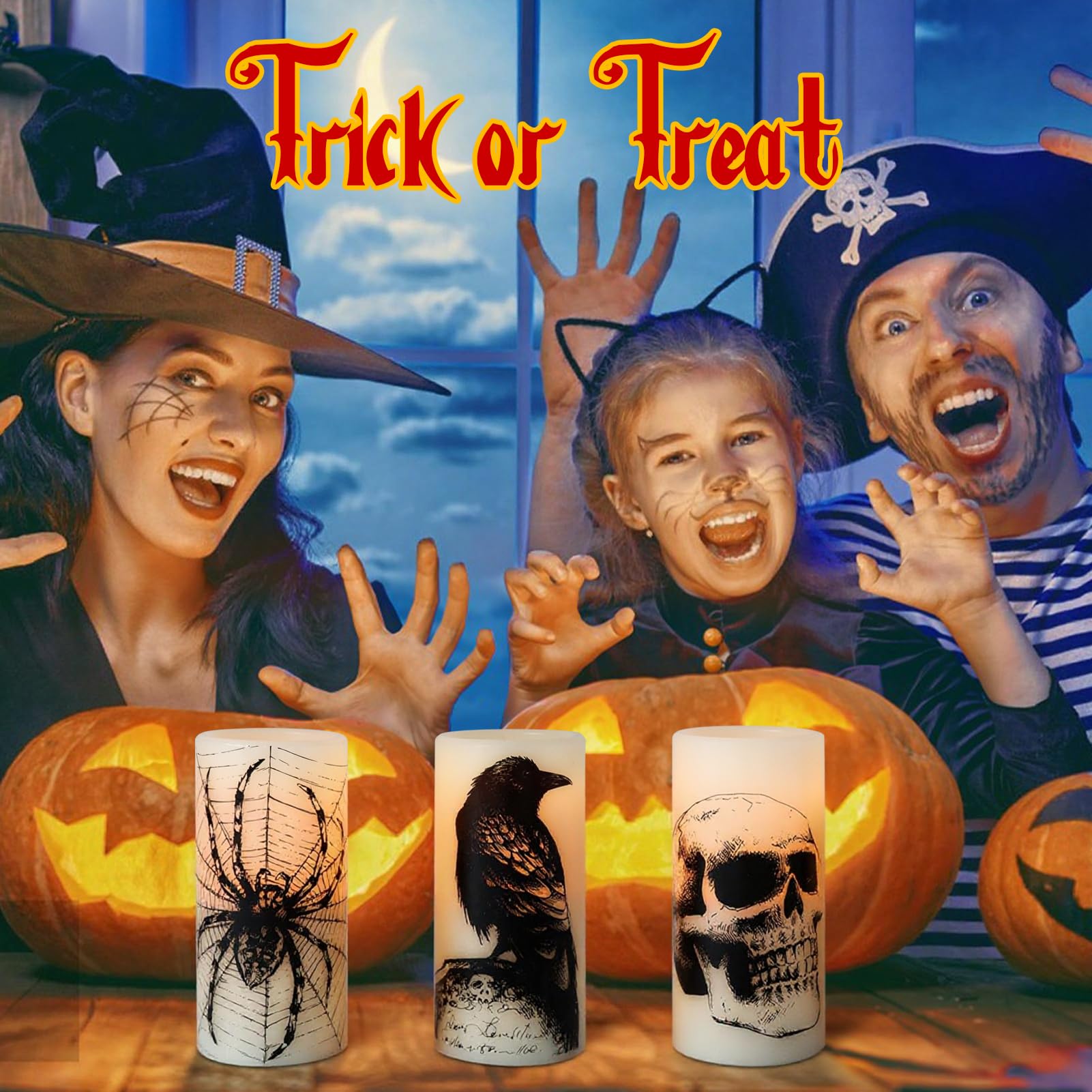 Eldnacele Halloween LED Flameless Flickering Candles Battery Operated with 6H Timer Skull Spider Web Crow Raven Spooky Decals Halloween Themed Indoor Decoration(3 Pack, D3 x H6) - Halloween Happy