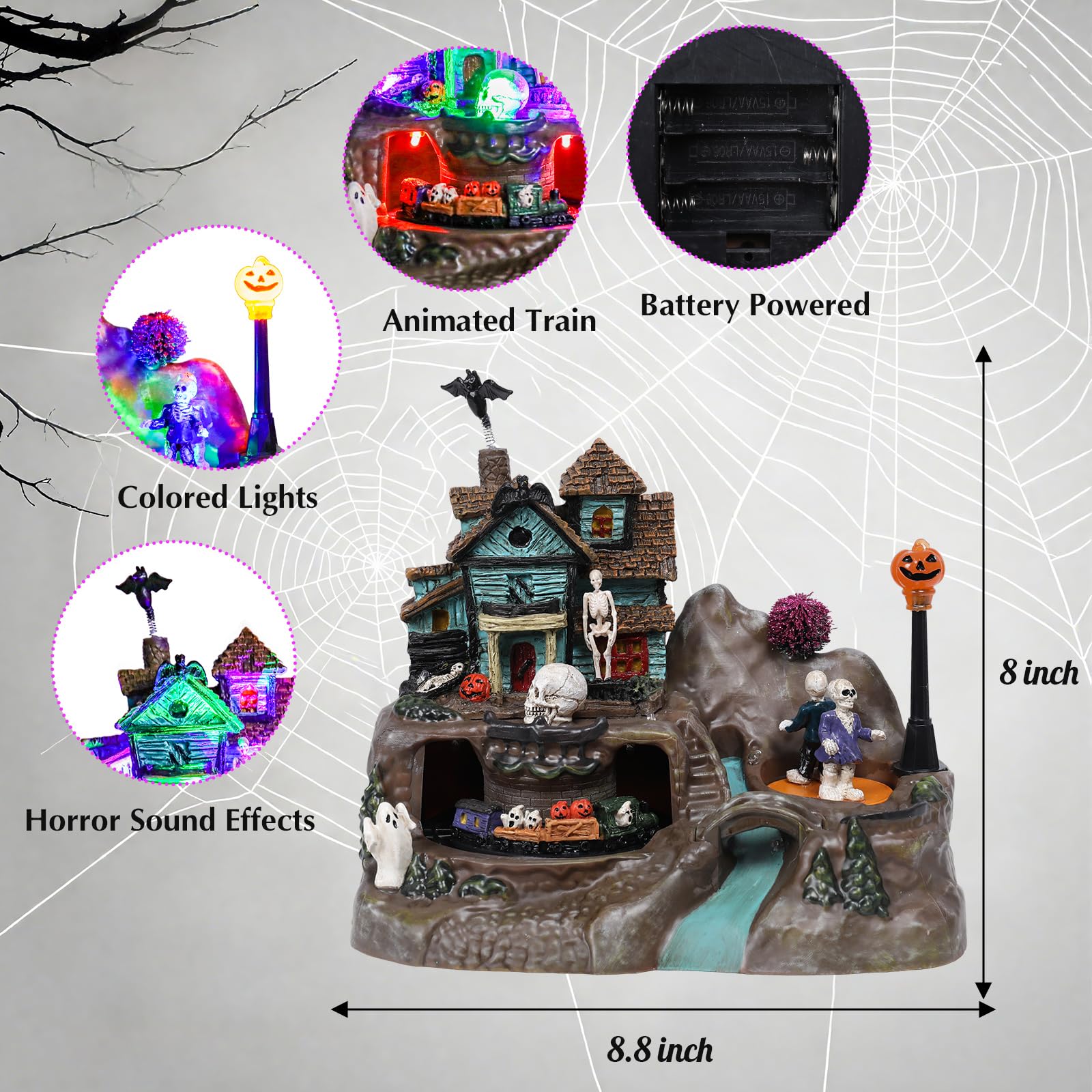 DREAM GARDEN Halloween Village Collection, Lighted Spooky Haunted House with Animated Train and Scary Sound Halloween Collectible Bulidings with Skull, Pumpkin, Ghost for Holiday Party Tabletop Decor - Halloween Happy