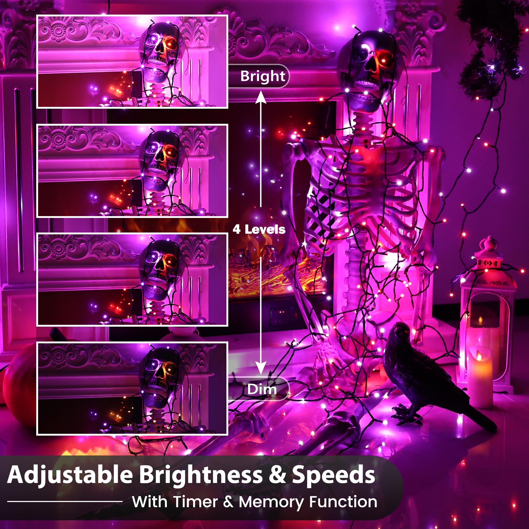 Toodour Halloween Lights RGB String Lights, 115ft 350 LED Orange Purple Halloween Light String with Remote & Timer, Color Changing Twinkle Tree Light for Home Party Holiday Indoor Outdoor Decorations - Halloween Happy