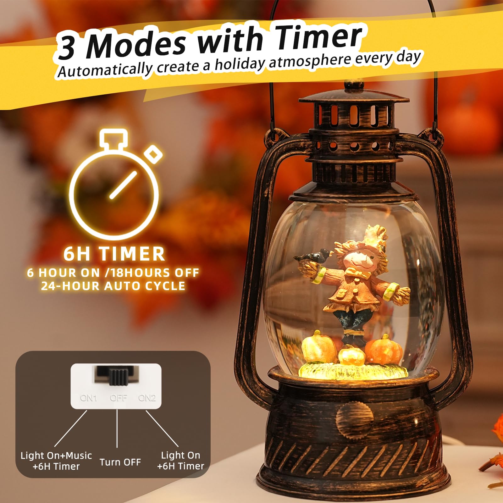 Halloween Snow Globe, Halloween Decorations Indoor Light Up Snow Globe Lantern with Music, 6H Timer, Love Never Dies Swirling Glitter Halloween Lantern for Halloween Home Decorations - Halloween Happy
