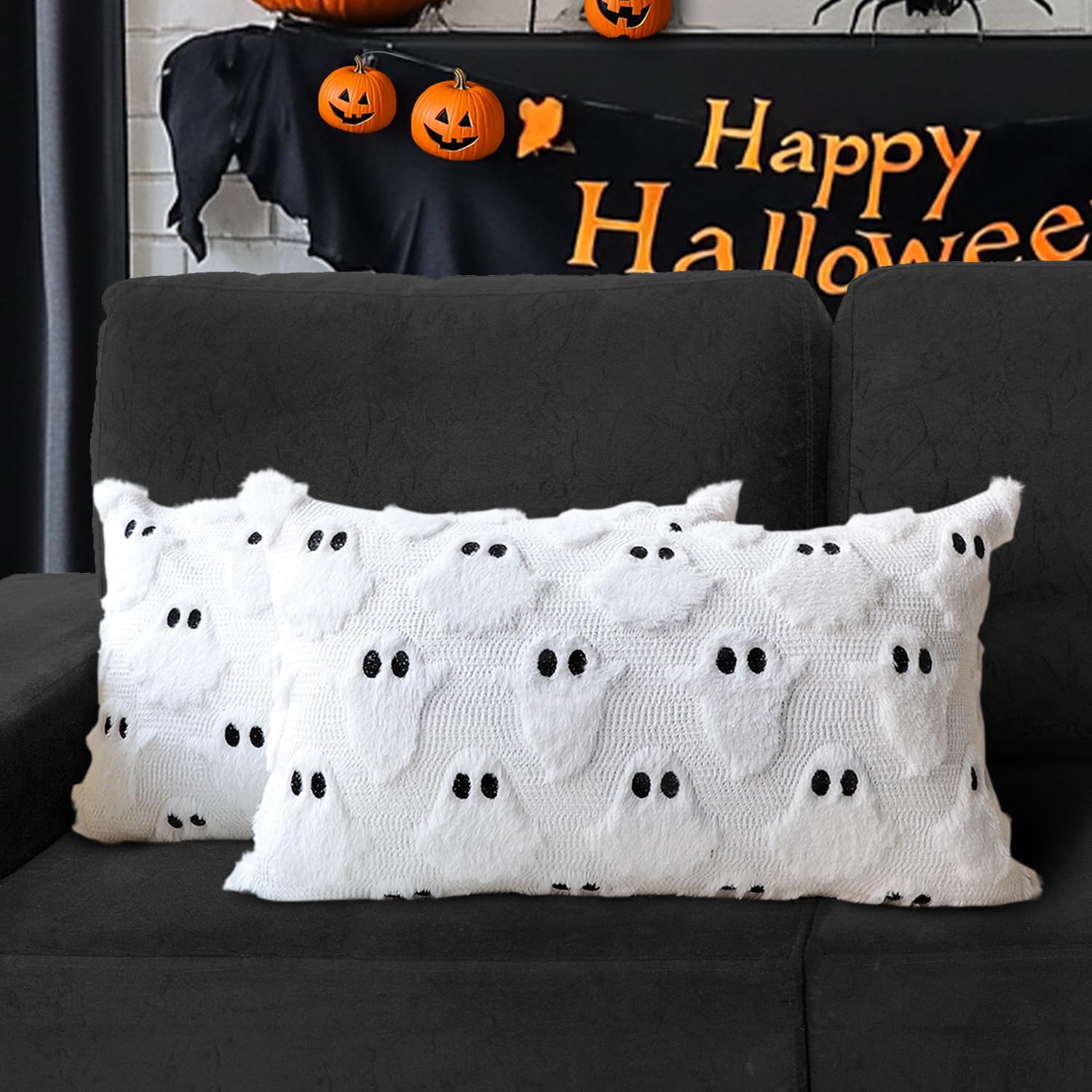 4TH Emotion Halloween Ghost Decorative Pillow Covers 18x18 Set of 2, White Soft Plush Faux Fur Farmhouse Throw Cushion Cases for Fall Autumn Holiday Home Decorations - Halloween Happy