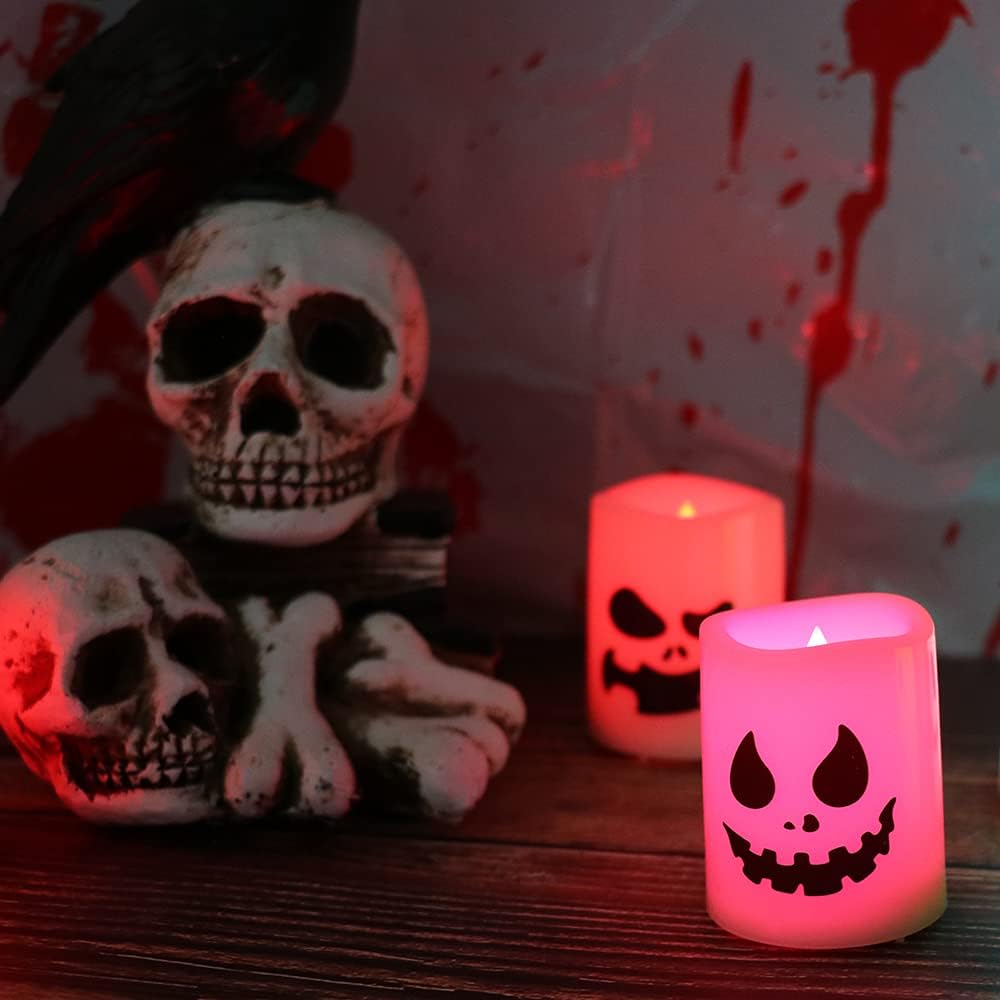 GenSwin Halloween Flameless Votive Candles Color Changing with Remote Timer, Battery Operated LED Tealight Candles for Halloween Home Decoration Gifts(6 Pack, 1.5” x 2”)(Battery Included) - Halloween Happy
