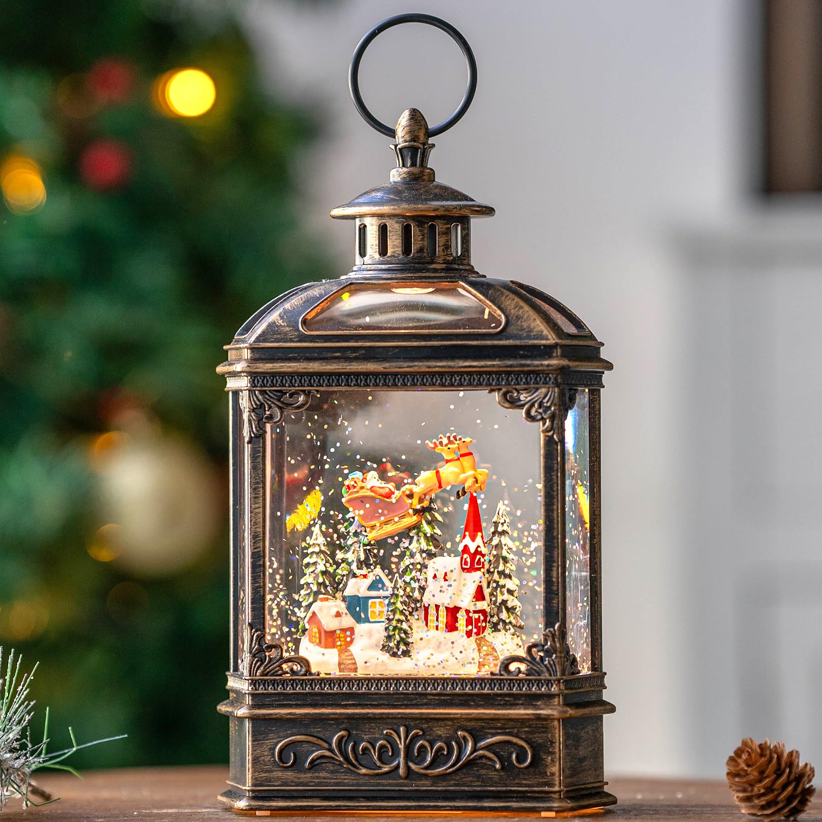 Halloween Snow Globe Lantern Water Glittering Spooky Witch' s Black Cat in Pumpkins with Music, USB Lined/Battery Operated Lighted Lantern for Halloween Festival Decoration Gifts - Halloween Happy