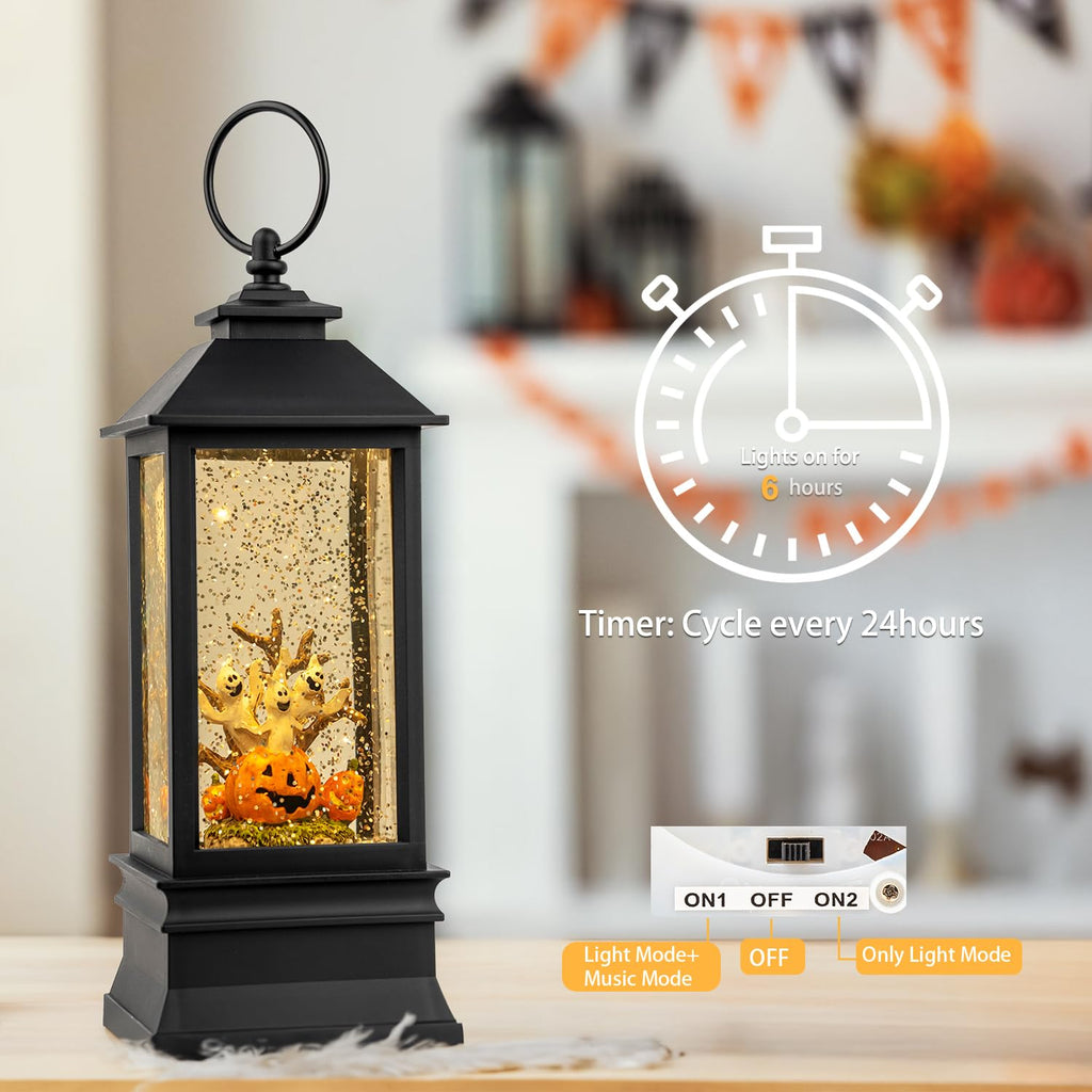 Halloween Snow Globe Lantern Water Glittering Spooky Witch' s Black Cat in Pumpkins with Music, USB Lined/Battery Operated Lighted Lantern for Halloween Festival Decoration Gifts - Halloween Happy