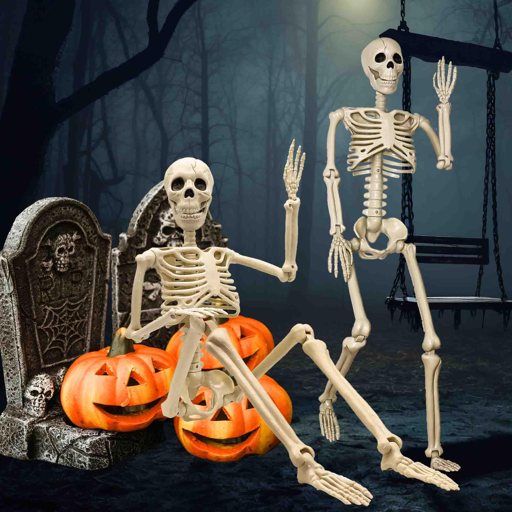 2 Pack 36"Halloween Skeleton - 3 ft Life Size Human Skeleton with Full Body Posable Joints Plastic Skeleton for Halloween Skeletons Decor Yard Patio Lawn Garden Skeleton Props Spooky Party Decoration - Halloween Happy